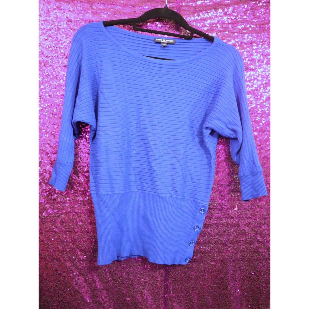 Royal Blue Sweater P Cable & Gauge Womens Dolman Sleeve Ribbed Button Detail